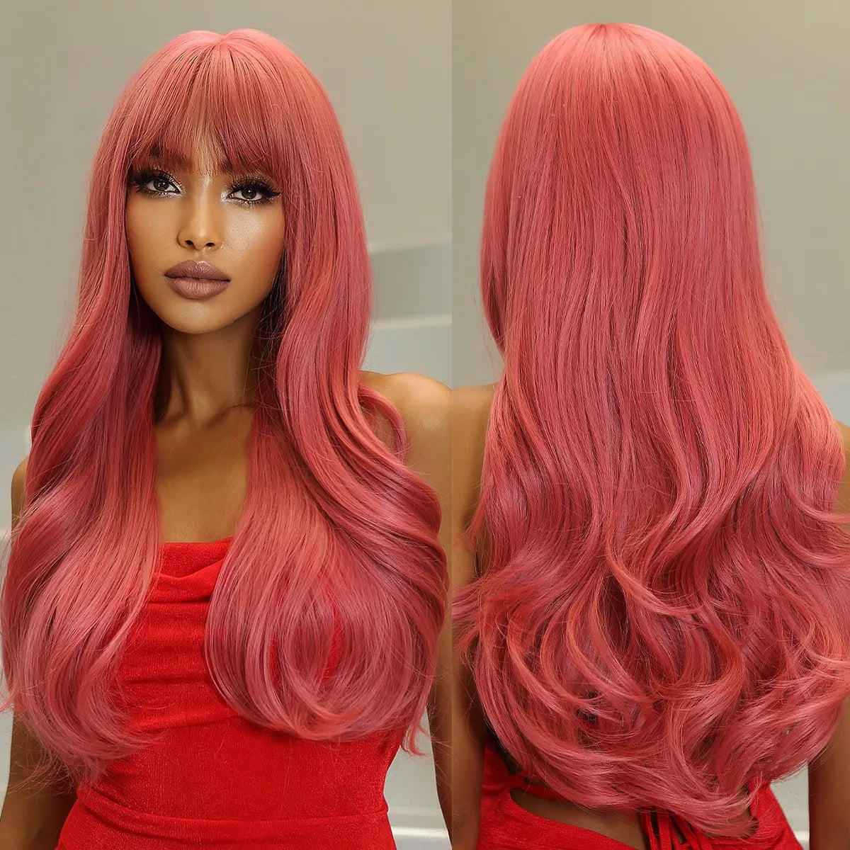 Factory Wholesale Price Red Pink Wigs Long Natural Cosplay Synthetic Wavy Hairs With Bangs Heat Resistant Wave False Wig