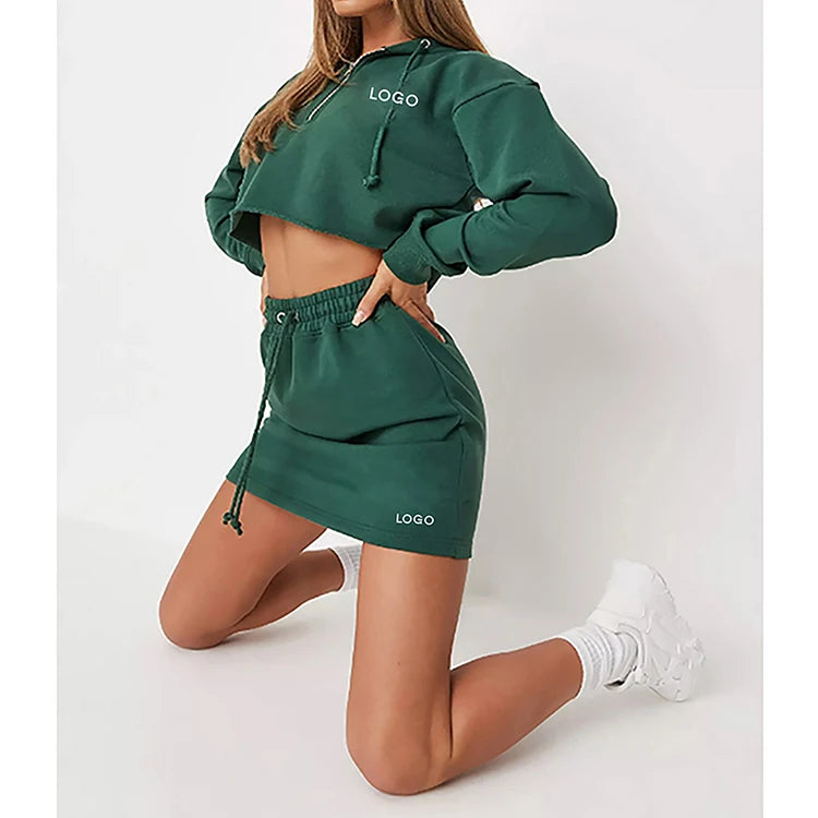 K210165 Girls Skirt Two Pieces Set Fall Spring Solid Color Tracksuit Casual Outfit Ladies Crop Hoodie Skirts Set Women