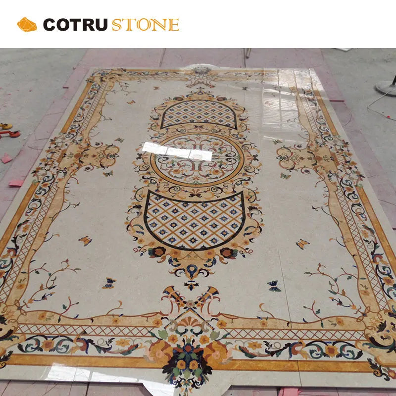 Rectangle White Flower Design Crema Marfil Carrara Marble Curved Waterjet Medallion Pattern for House and Hotel Decoration