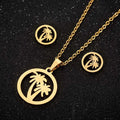 Wholesale Waterproof PVD Plated 18K Gold Silver Stainless Steel Women Coconut Palm Tree Pendant Earring Necklace Jewelry Set
