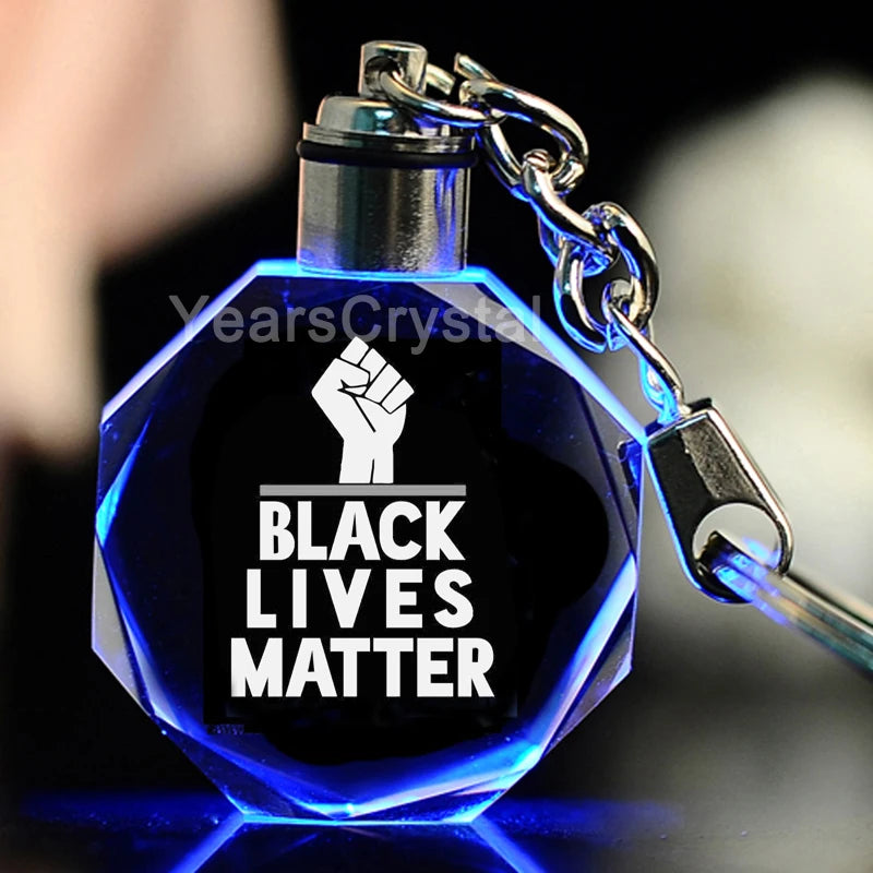 Cheap Custom 3D Laser Black Lives Matter Glass Led Crystal Keychain with George Floyd Photo