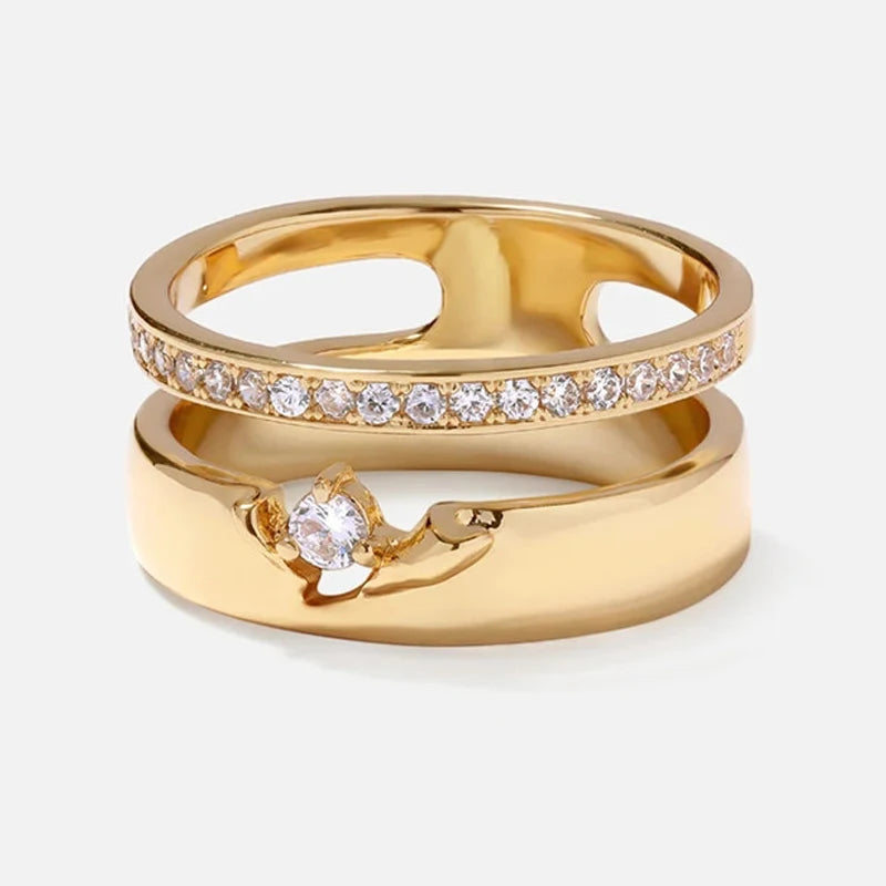 Fashion Brass Electroplated 18K Gold Double Layer Skeleton Inlaid Zirconia Gemstone Rings Trendy Women Jewelry Factory Wholesale