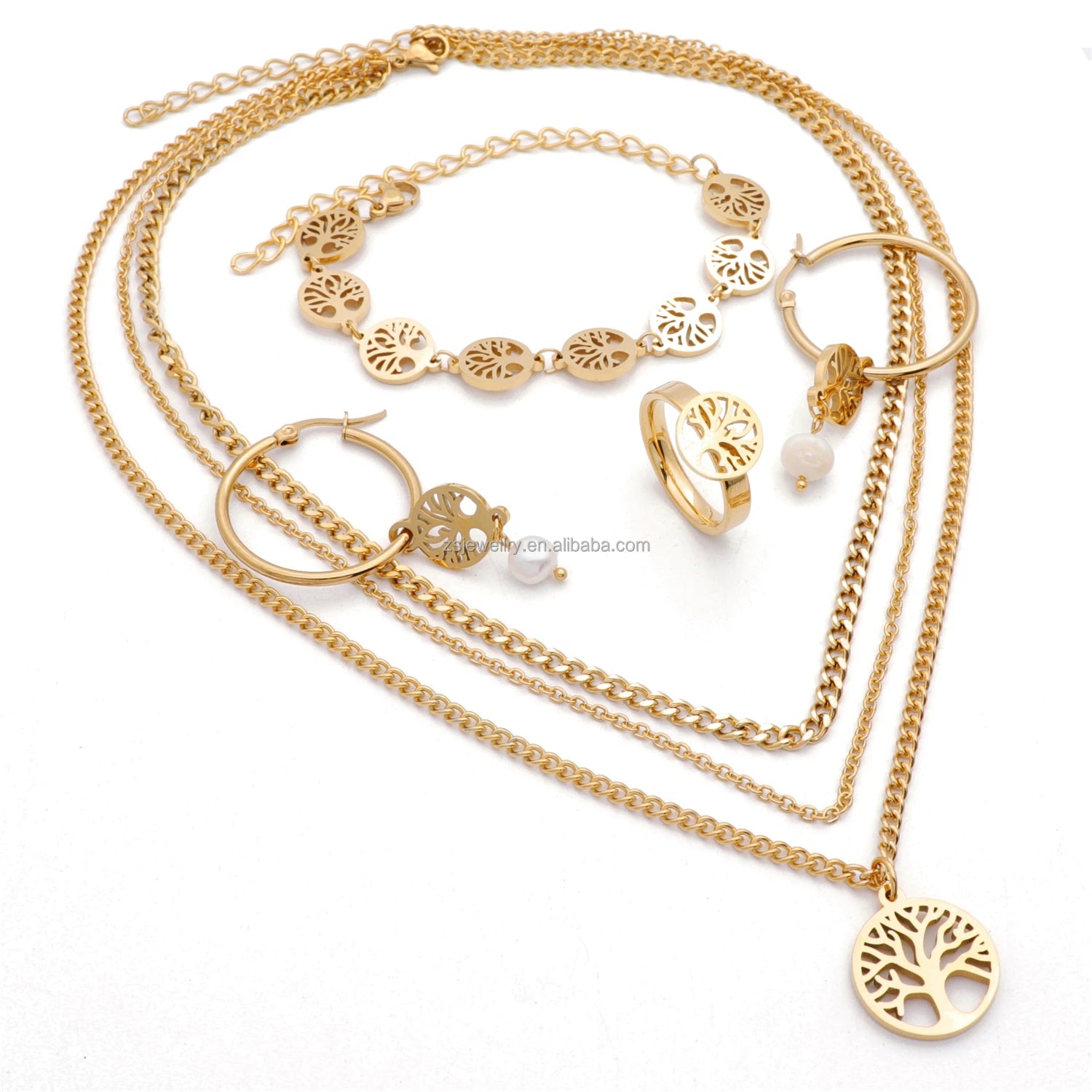 Pearl Bracelet Earring Tree of Life Stainless Steel Gir 18K Gold Plated African 2022 Dubai Stone Luxury Women Jewelry Sets
