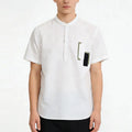 Custom Men's Linen Half Button Pullover Short Sleeves Patch Design Shirt Breathable Quick Dry Anti-Wrinkle Features
