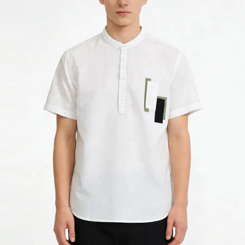 Custom Men's Linen Half Button Pullover Short Sleeves Patch Design Shirt Breathable Quick Dry Anti-Wrinkle Features