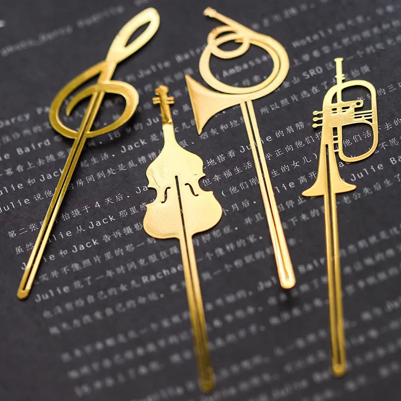 New Kawaii Cute Gold Western Musical Instruments Violin Trumpet Music Note Metal Book Markers Bookmark Paper Clips