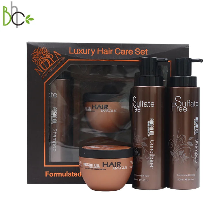 OEM ODM Private Label Nuspa Natural Argan Oil Shampoo Conditioner Hair Masque Luxurious Moisture Repair Hair Care Set