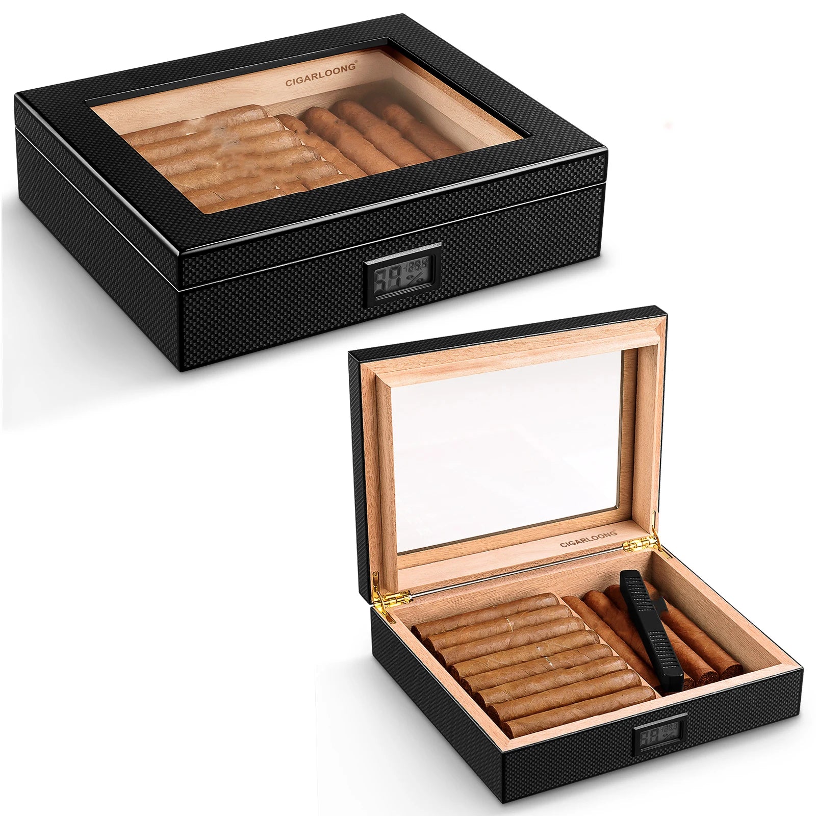 Classic Travel Portable Cigar Case Spanish Cedar Wood Lacquer Finish Commercial Cigar Humidor Hygrometer Humidifier