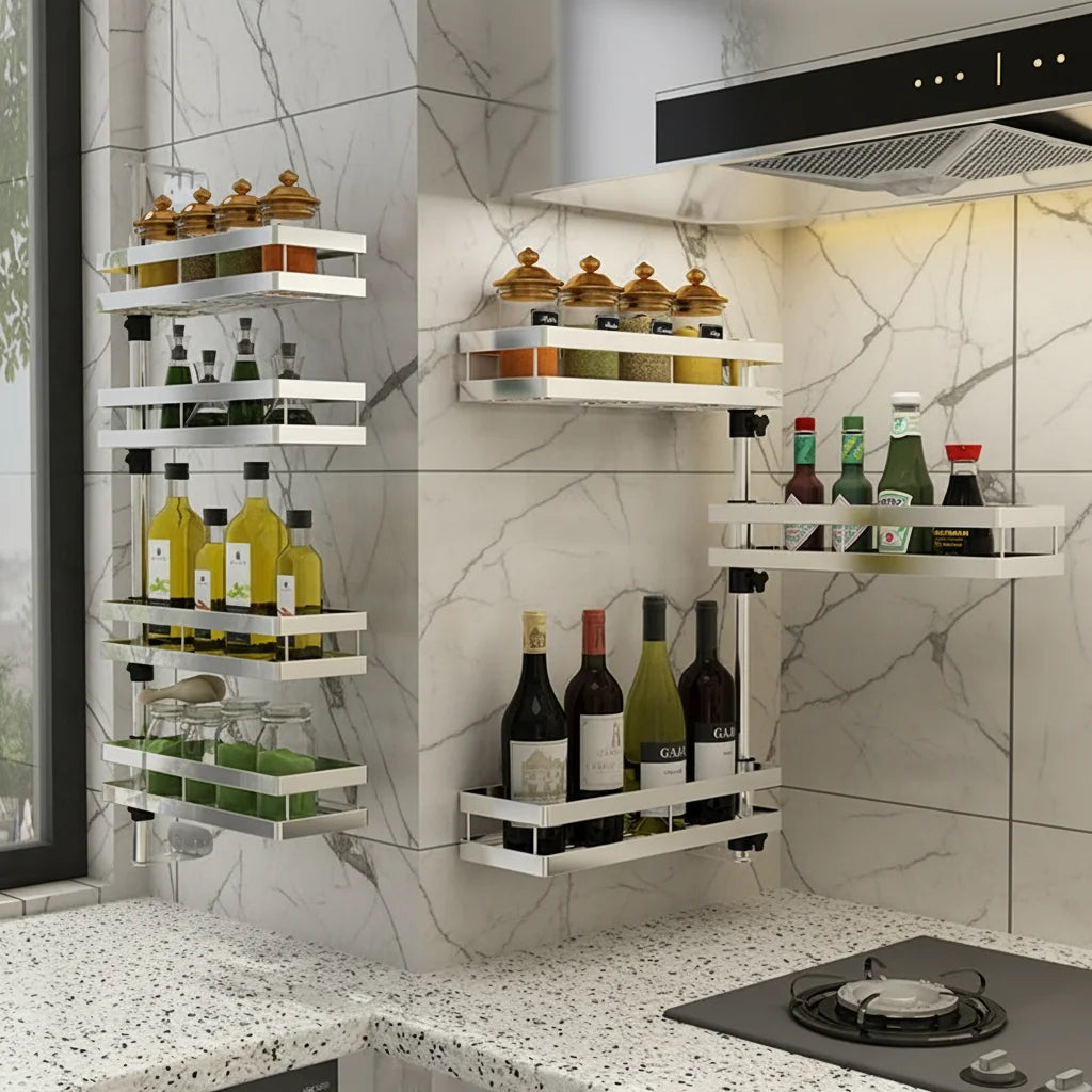 Wholesale 304 Stainless Steel 3 Tier Revolv Rotating Pull Out Storage Wall Mounted Spice Rack with Hooks Organizer Shelf Kitchen