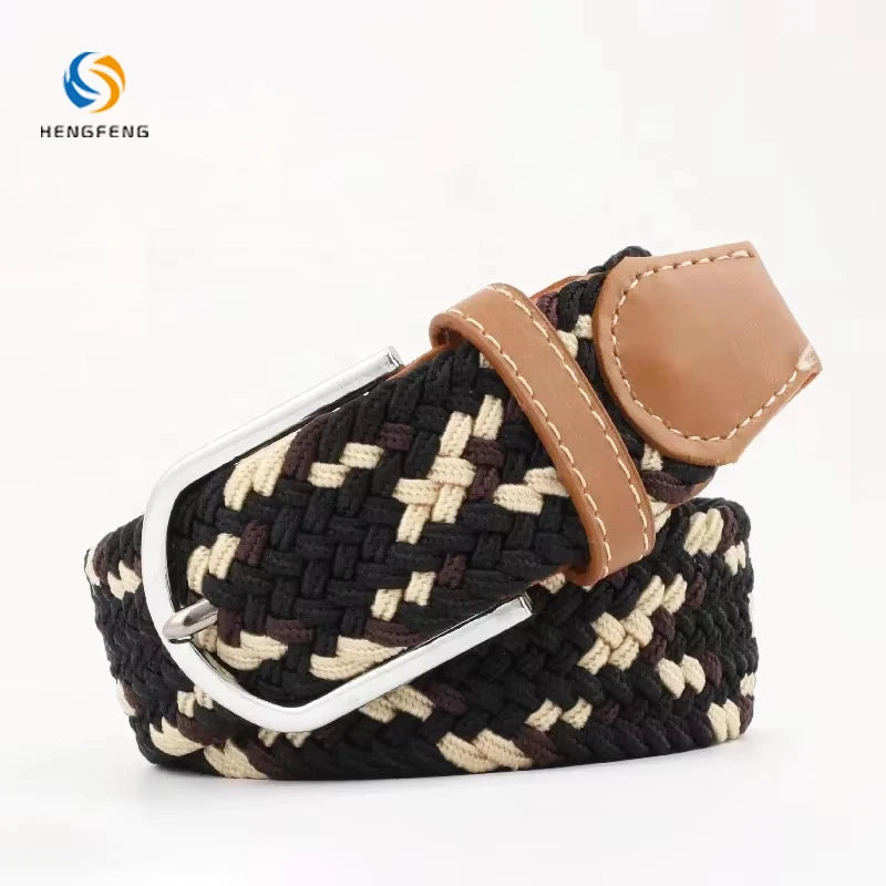Retro Color Mix Braided Elastic Canvas Belt With PU Leather End Tip Adjustable Metal Buckle Casual Waist Belt for Jeans Pants