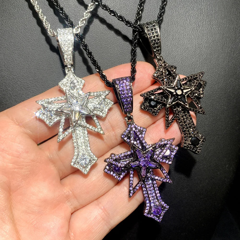 Hip Hop Stainless Steel Twist Chain With Purple Black Brass and Bling Zircon Rotate Star Pendant Necklace