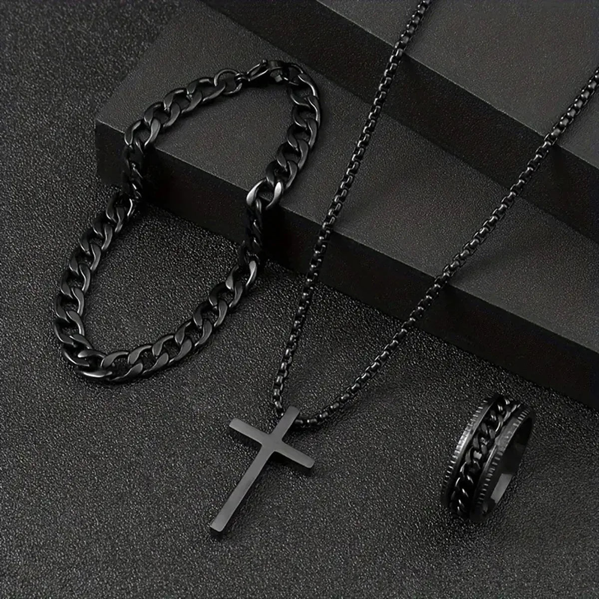 18K Gold Plated Alloy Cross Pendant Bracelet and Ring Set Hip Hop Style for Fashion Party or Gift