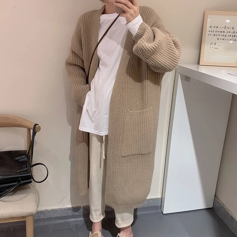 Korean Style One Size Comfortable Knee Raglan Sleeve Sweater Autumn and Winter Long Pocket Knit Cardigan