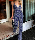 Enyami Casual Print V Neck Spaghetti Strap Tank Top Wide Leg Renata Bias Cut Flared Pant Two Pieces Summer Women's Clothing Set