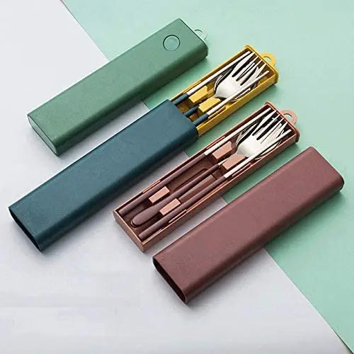 3pcs 304 Stainless Steel Reusable Spoon Fork Chopstick Portable Travel Cutlery Sets