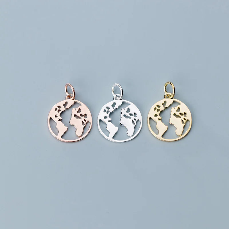 14.5mm Shiny Gold World Map Pendant 925 Sterling Silver Traveler Earth Charm for Jewelry Making Supplies