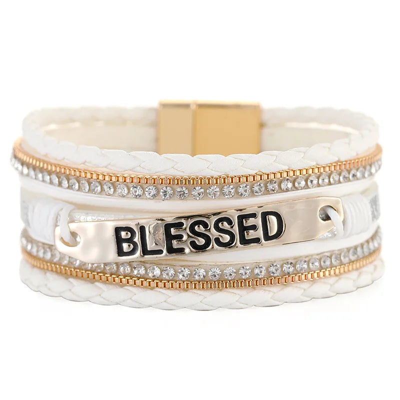 Fashion Vintage Multilayer Braided Pu Leather Rope Blessedboho Bangle Bracelet Jewelry Women Magnetic Snaps Set