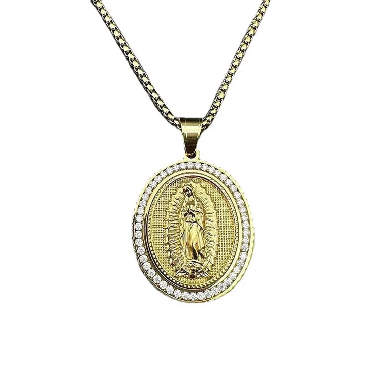 Hip Hop Religious Jewelry Zircon Charm Oval Virgin Pendant Necklace