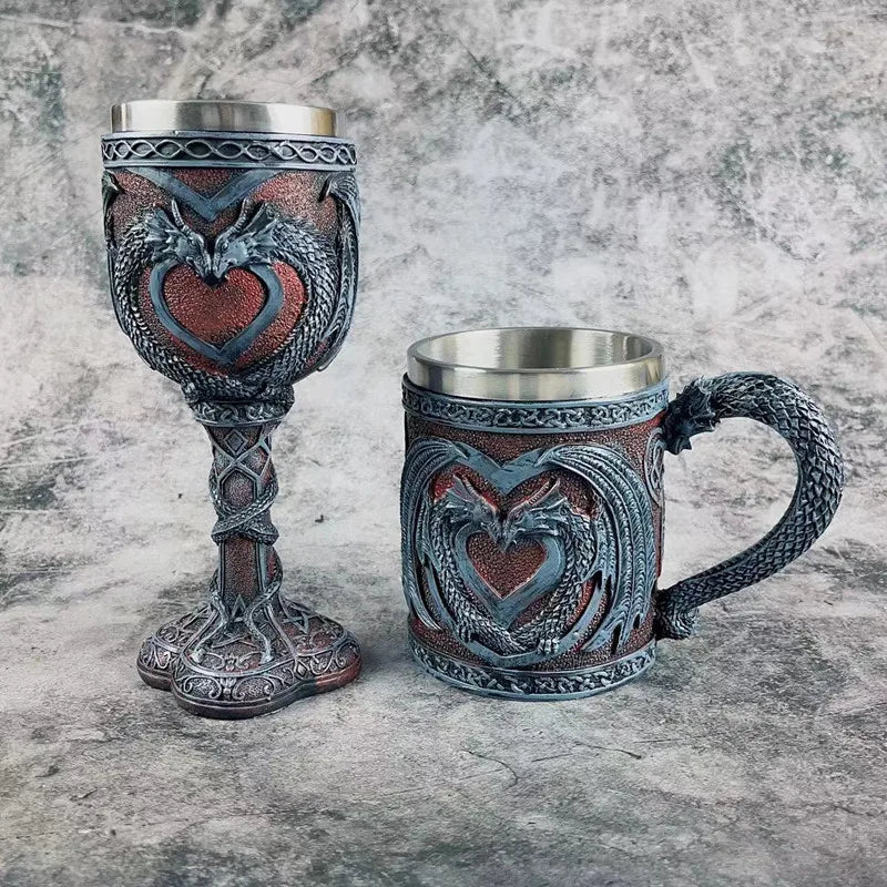 Double Dragon Cup Stainless Steel Resin Beer DRA04 DRA54 Stein Medieval Viking Mug Vintage Coffee Goblet