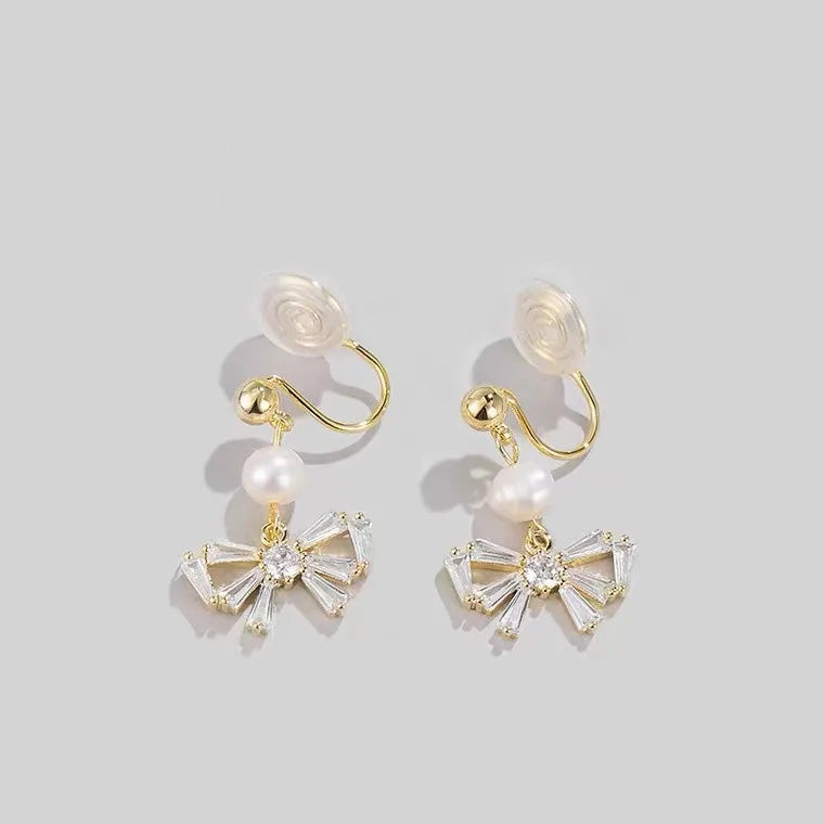 Women Jewelry Bowknot Earring Earclip Without Earhole Female Korean Pearl Pendant Charm Stud Earrings
