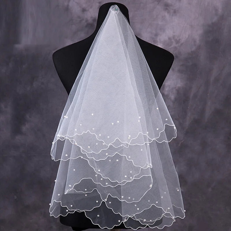 Bridal Short Wedding Veils Wedding Two Layer Sticky Pearl Bridal Veil White Gauze Veil