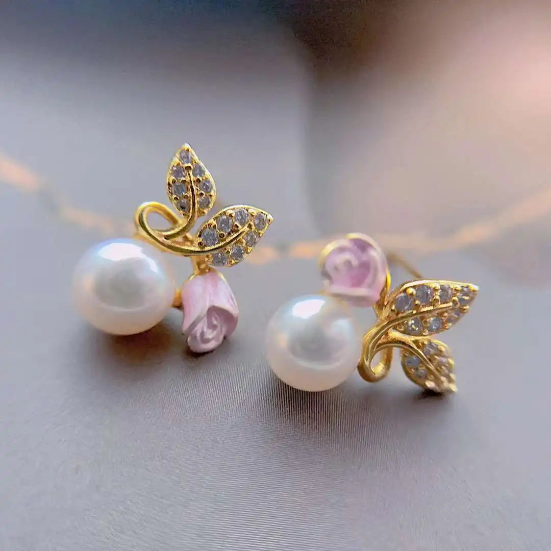 White Rose Stud Earrings Bread Shape AAAA Grade Freshwater Pearl Gold Plated Hypoallergenic Cute Style Women's Pearl Jewelry
