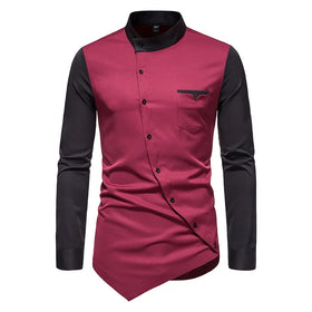 New Men's Personality Diagonal Button Irregular Color Contrast Henry Casual Slim Shirt