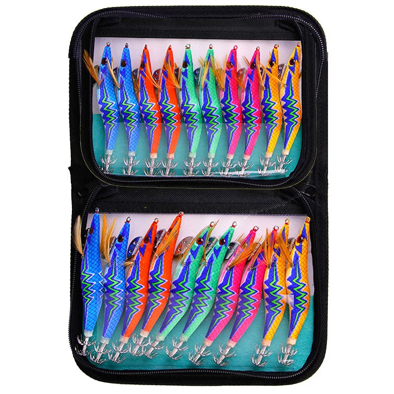 WEIHE 10pcs/lot Hard Fishing Lure Squid Jig Hook 3.0# 3.5# Wooden Shrimp Octopus Cuttlefish Fishing Bait Luminous Wobbler