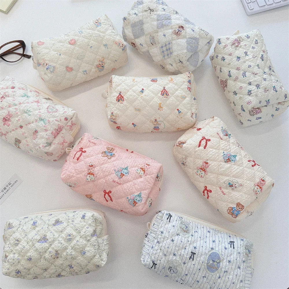 Pink Flower Women's Small Cosmetic Bag Lovely Cartoon Bear Female Makeup Case Storage Bags Portable Ladies Cotton Clutch Purse