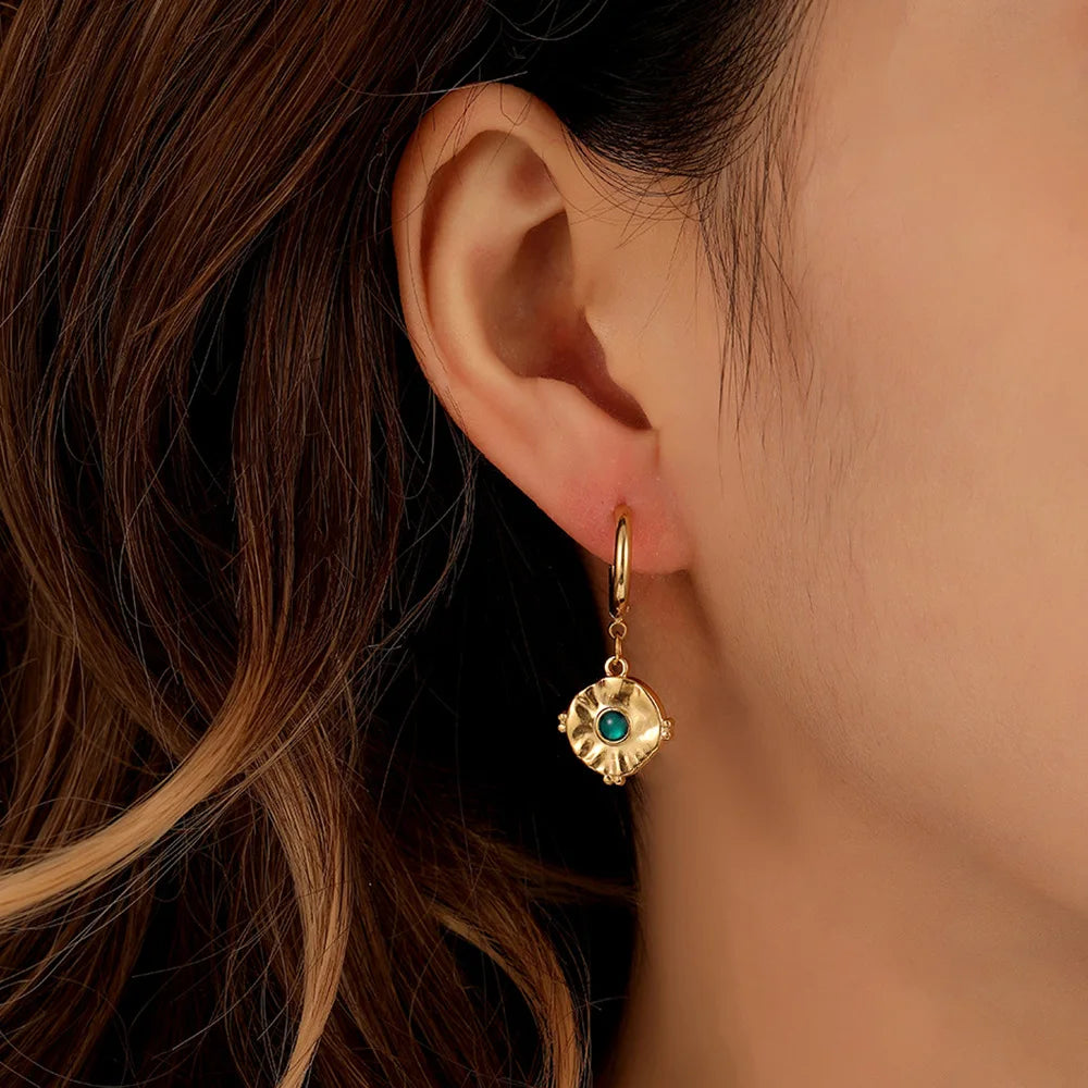 Luxury High Design Fancy Custom Stainless Steel Geometric Turquoise Drop Hoop Earrings for Women