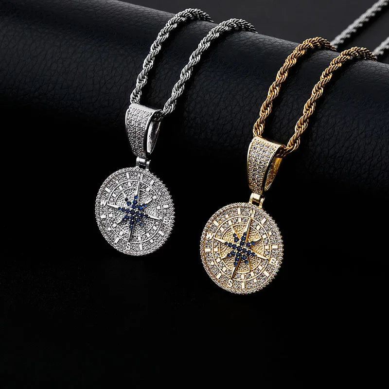 New Arrivals Gold Plated Cubic Zirconia Fashion Trendy Silver Jewelry Charm Gold Iced Out Necklace Compass Shape Pendant Men