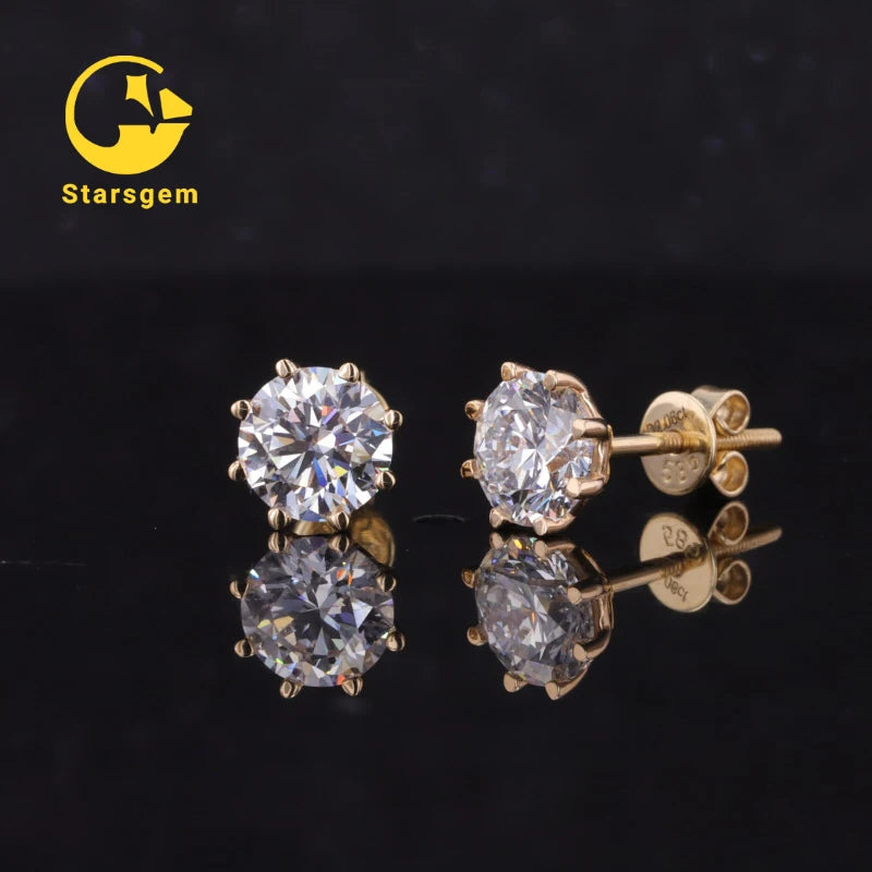 Starsgem Women's Earring 14K Soild Gold 1CT Per Stone Round Shape Moissanite Stud Earring