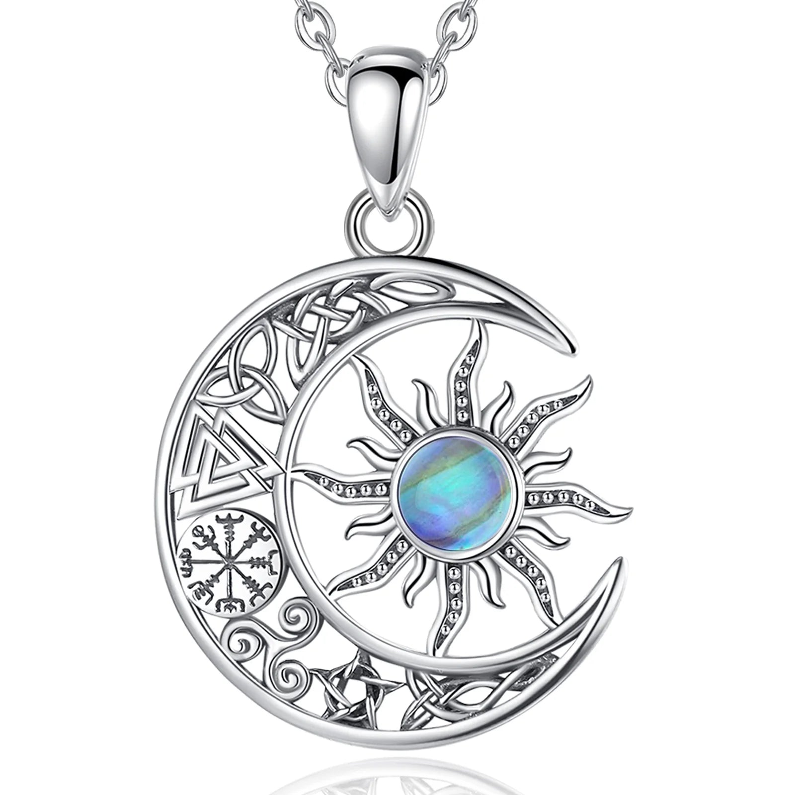 Merryshine 925 Sterling Silver Abalone Shell Celtic Vegvisir Sun and Moon Viking Spiral Pendant Necklace