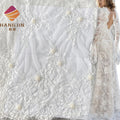 2025 Luxury 3D Pearls Beaded Flower Hand Embroidery French Chantilly Lace Corded Lace Fabric Scalloped Edge with Eyelash Fringe