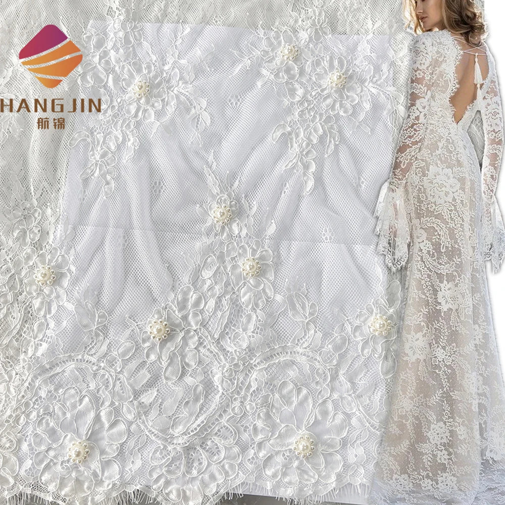 2025 Luxury 3D Pearls Beaded Flower Hand Embroidery French Chantilly Lace Corded Lace Fabric Scalloped Edge with Eyelash Fringe