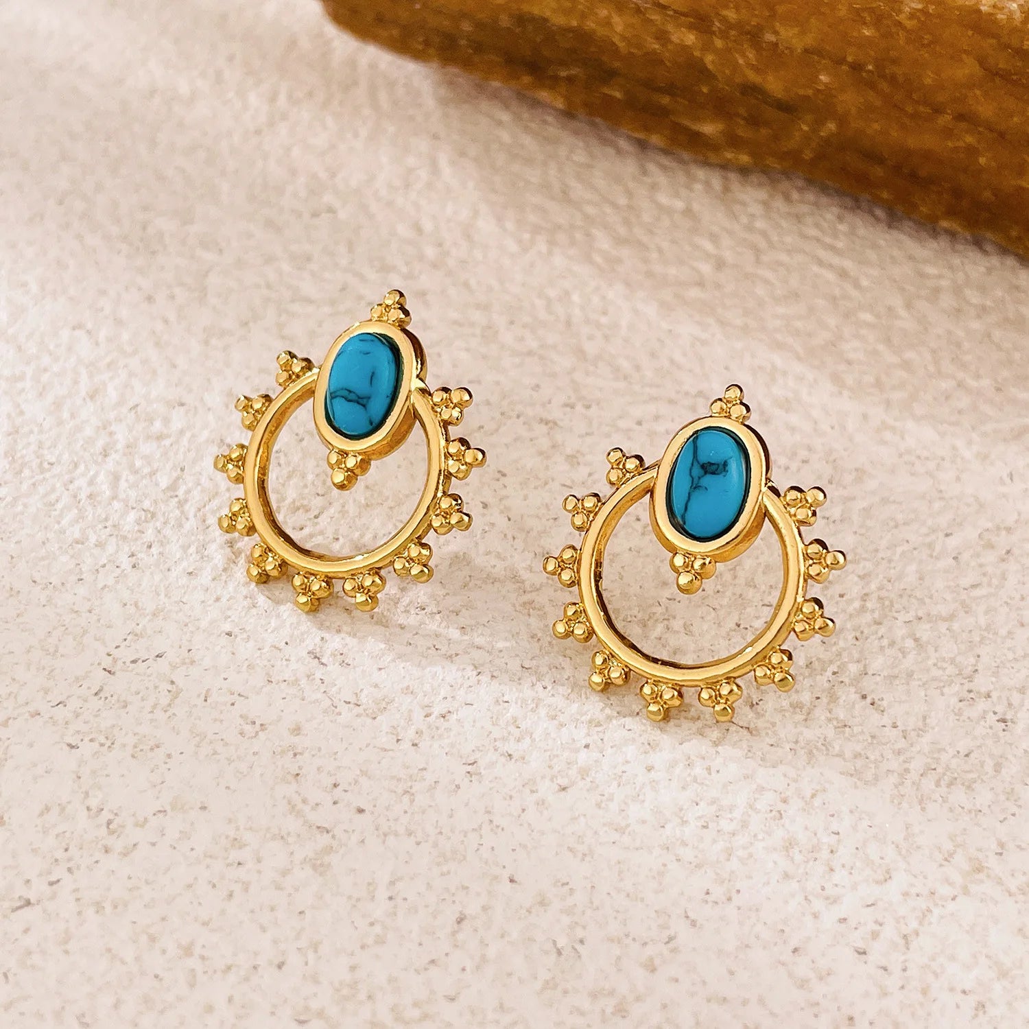 Vintage Style Stainless Steel Fashion Design Waterproof Geometric Turquoise Stud Earring for Women