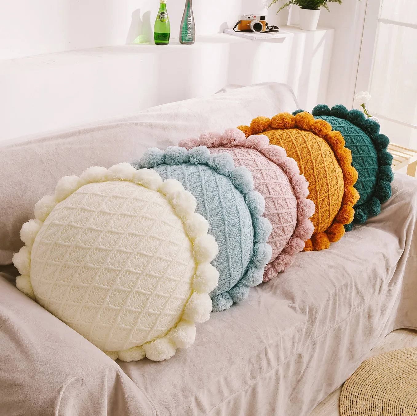 Creative Round Pillow Cushion Handmade Knitting Throw Pillow Knitting Cushion Sofa Cushion Cozy Shaggy Pillow Sofa Decor