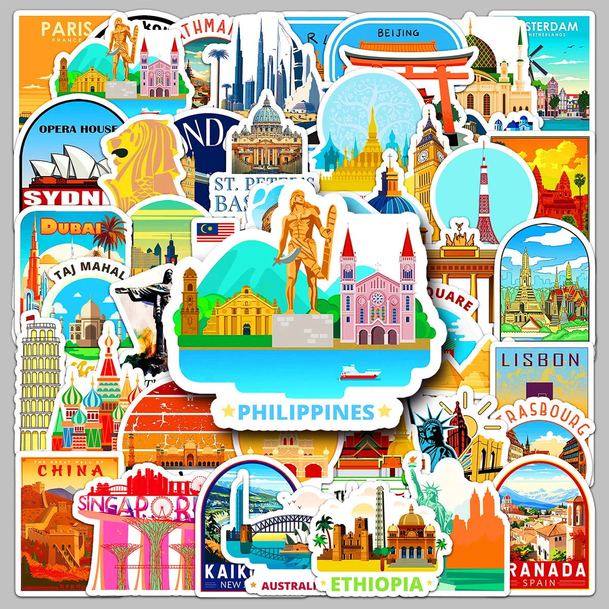 50PCS Factory Hot Cartoon Souvenir Custom City Landmark Stickers for Notebook & Travel case