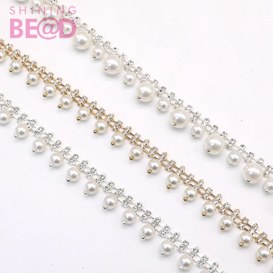 Rhinestone Trimming Decoration Pearls Crystal Bling Chain Bridal Trim Applique Sew on Wedding Belt Garment Accessory
