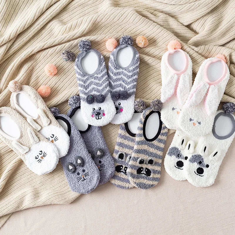 2026 Girls Cute Grippers Winter Warm Grip Soft Fluffy Fuzzy Cozy Hedgehog Elk Pattern Non Slip Silicone Slipper Socks for Women