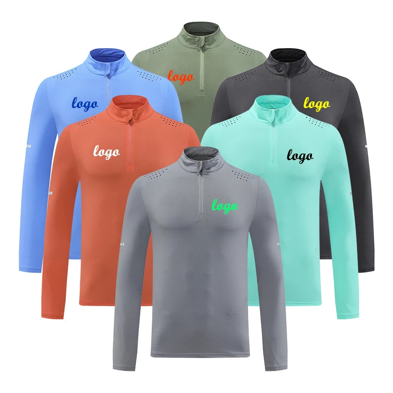 Custom Men's Gym Zip Pullover Sportswear Tshirts Quick Dry Solid Knitted Golf Jogging Shirts Long Sleeves Formal Style 180g