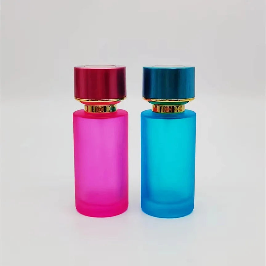 50ML pink Blue Black Red Yellow Customized Color Perfume Bottle Frosted Glass Spiral Neck Pressed Fine Mist Bottle Stock