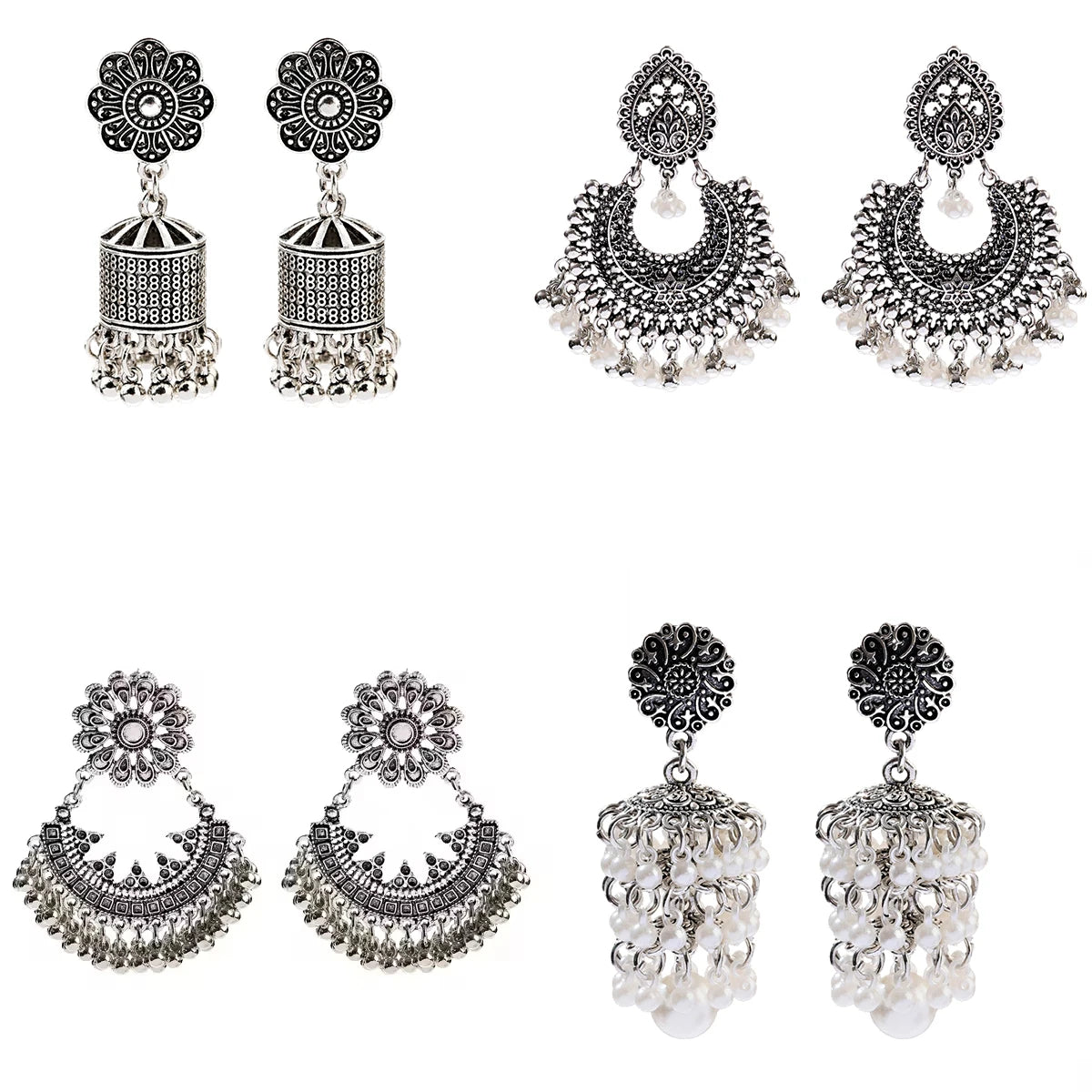 Douvei Vintage Jhumki Earrings Silver Plated Alloy Little Charm Round Bead Tassel Earrings Bohemian Earrings
