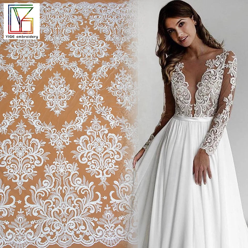 French Tulle Wedding Net Lace Luxury Sequins Beaded Fabric Bridal Dress Embroidery Lace Fabric