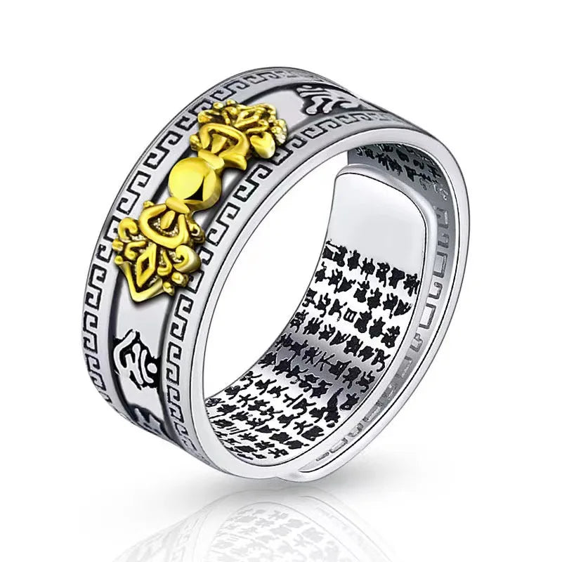 2023 Hot Selling Dragon Guan Gong Heart Sutra Ring Vintage Thai Silver Open Ring Statement Pixiu Ring for Men