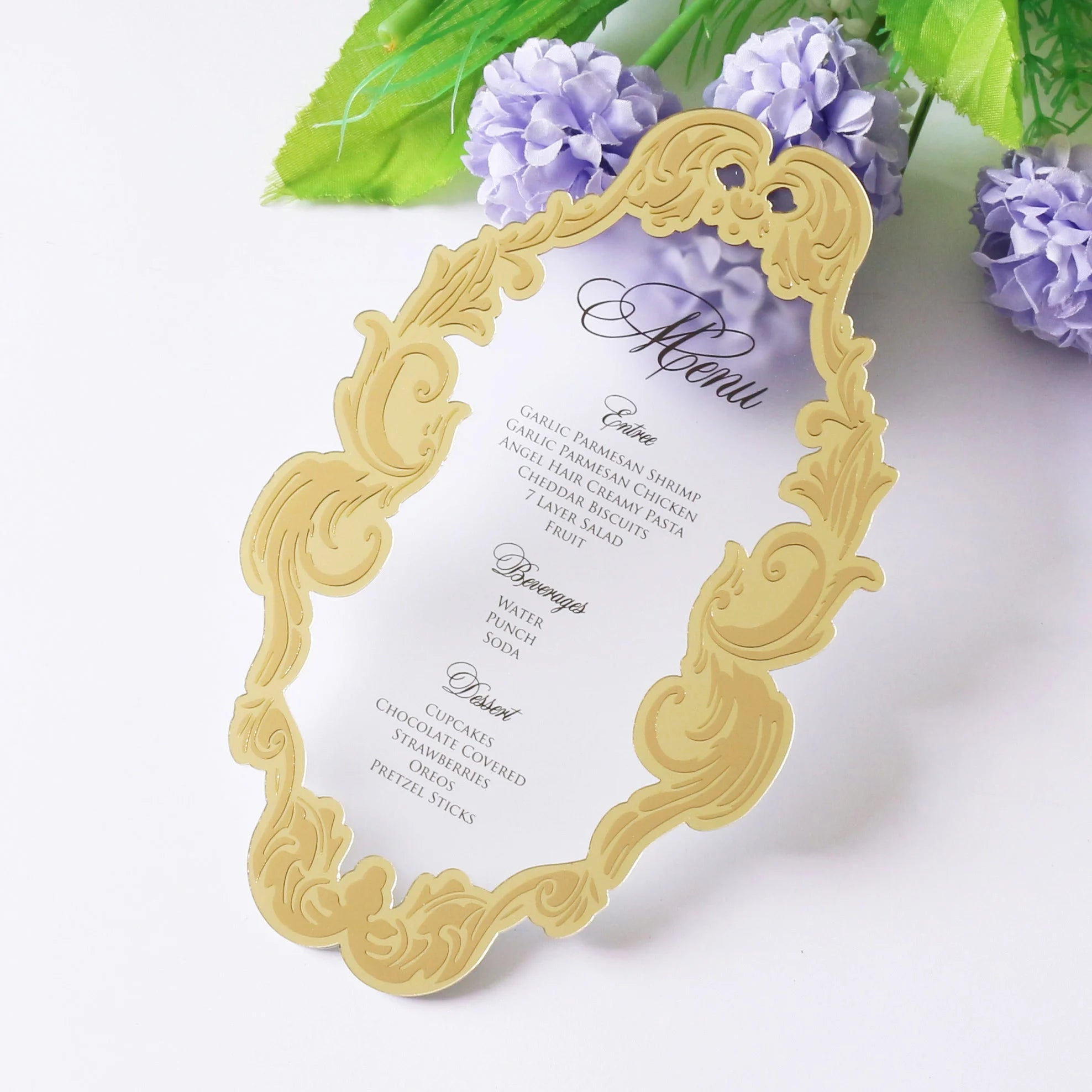 Simply Elegant 5x7 Inches Frosted Acrylic Wedding Menu Cards with UV Printed Back Text and Gold Mirror Frame