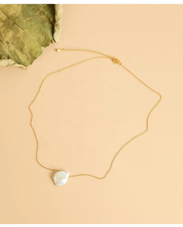 14k Gold Plated Simple Natural Baroque Keshi Freshwater Pearl Necklace Trendy Irregular Beads Pendant Fine Jewelry