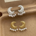 Vintage Moon Shape Pearl Drop Earrings Brass Stud Earring Dangling Tassel Earrings for Ladies