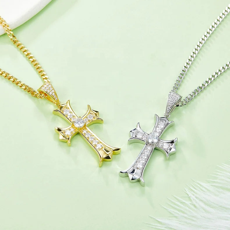 Hip Hop Men's Gold Plated Sterling Silver 925 Cross Pendant Necklace Guangdong Snake Chain OEM ODM Moissanite Necklaces