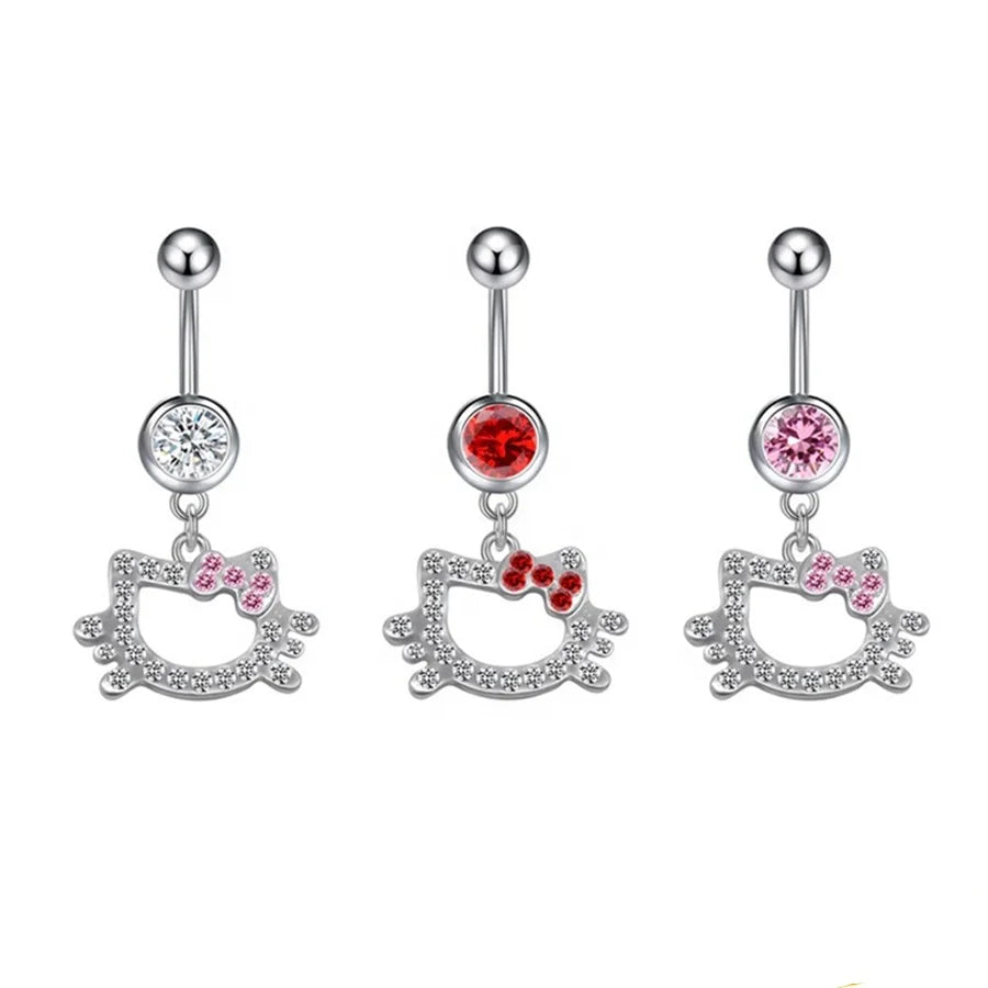 Lovely Design Cut Pendant Crystal Kitty Cat Navel Piercing Jewelry Dangling Rhinestone Cartoon Cat Face Belly Button Ring